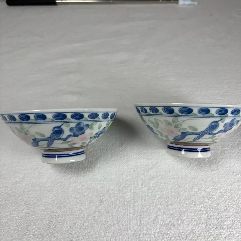 Vintage Asian Porcelain Rice Bowls Set of 2 Blue Bird Floral Footed Bowls